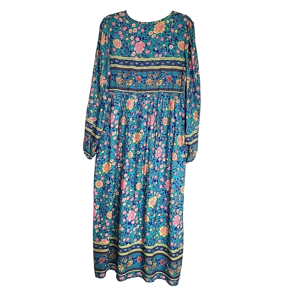 Prairie Boho Tassel Tied Midi Dress Women's M Blue-Green Floral Balloon Sleeve - Picture 2 of 10